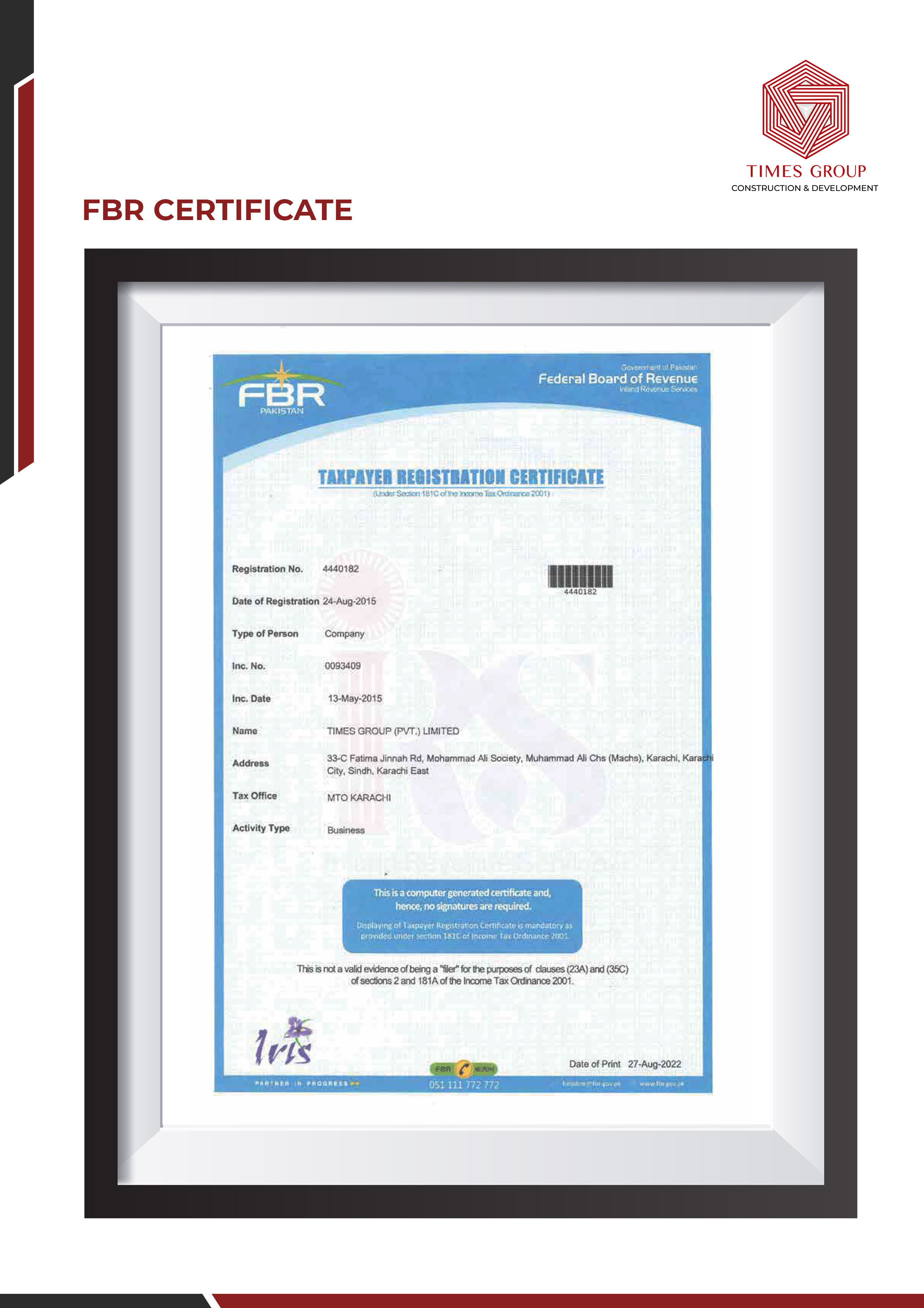 FBR certificate